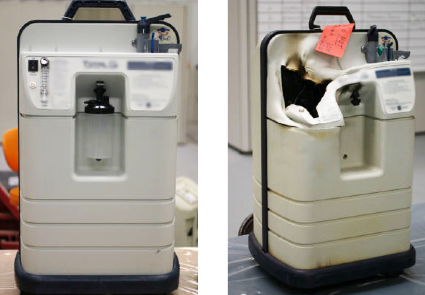 two images of a home oxygen concentrator, one in tact and another after oxygen fire